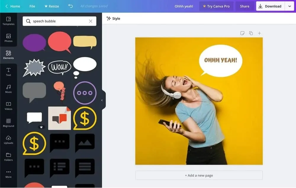 עורך Canva: תמונה של אישה עם אוזניות על רקע צהוב עם בועת דיבור, וספריית בועות דיבור בסרגל הצד