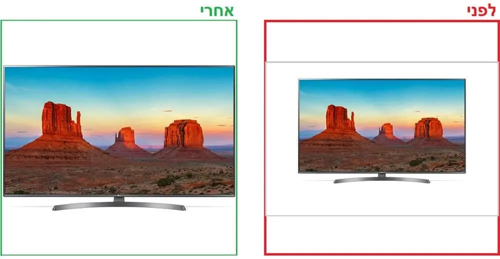 תמונת מוצר של טלוויזיה לפני ואחרי: לפני עם שוליים לבנים רחבים סביב המוצר, אחרי חתוכה וממלאת את המסגרת